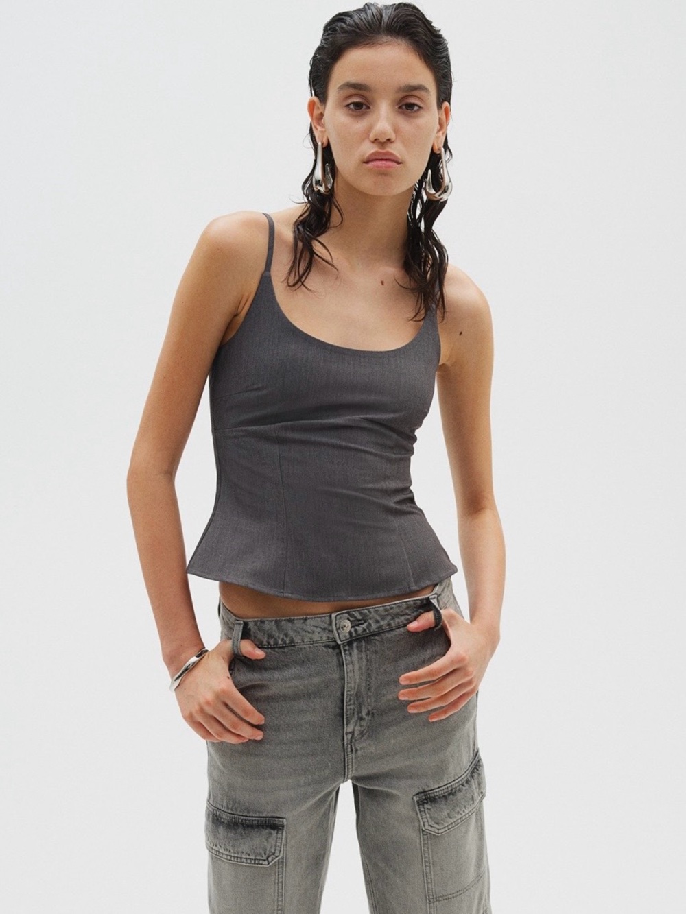 Divided Gray Strapless Peplum Top